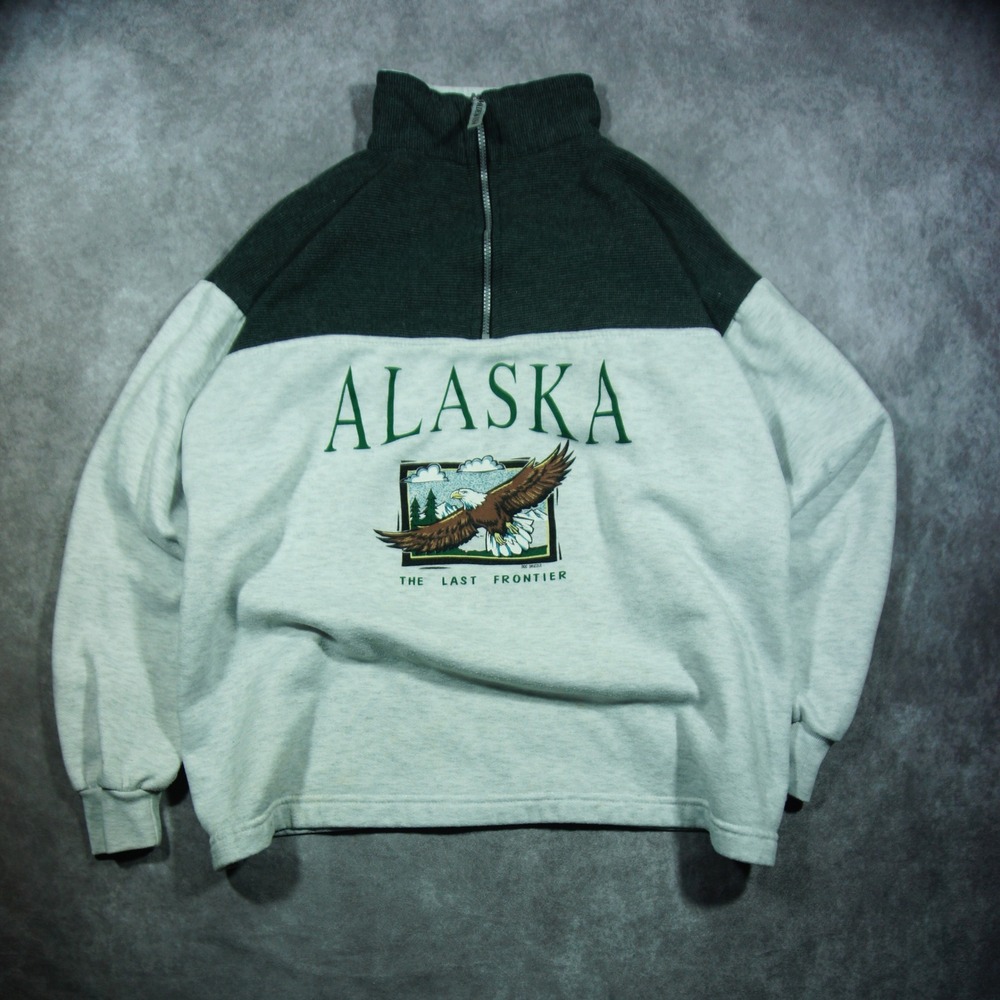 Vintage 90s Alaska Eagle Quarter Zip Pullover Sweatshirt Green Grey